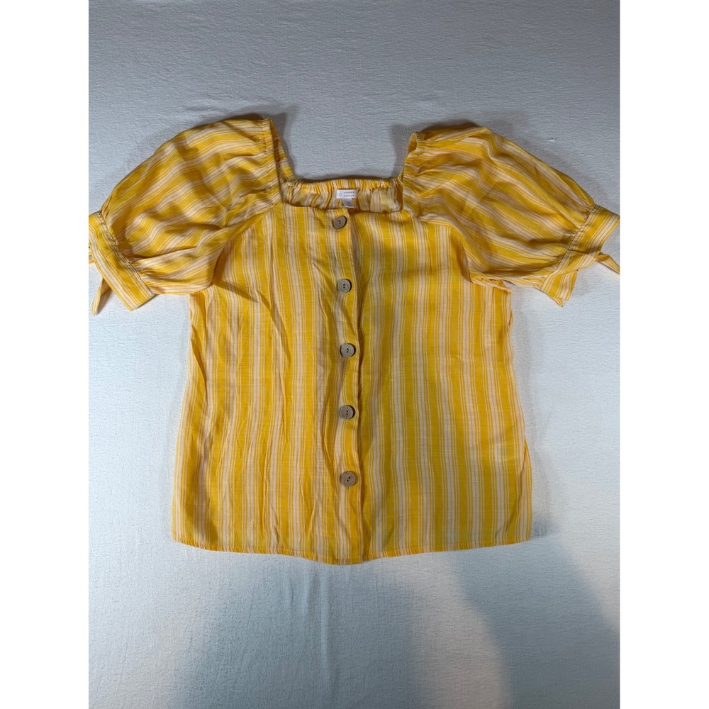 LC Lauren Conrad Yellow White Striped Button Front Tie Sleeve Blouse Medium